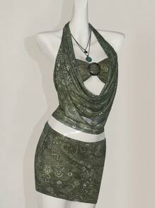 SHEIN ICON 2 件 Y2k 春夏夏威夷海滩波西米亚绿色性感时尚飘逸节日女式植物印花抹胸文胸上衣，无肩带无袖上衣和低腰迷你裙西装女式 - 彩色 - 查看 9