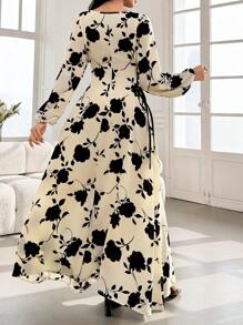 Mulvari Round Neck Lantern Sleeve Floral Print Draw Cord Side Abayas Dress,Modest - Apricot - View 4