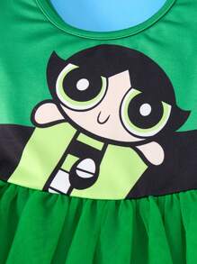 THE POWERPUFF GIRLS X SHEIN Baby Girl Cute Blossom, Bubbles, Buttercup Pattern Splice Mesh Bodysuit - Multicolor - View 3