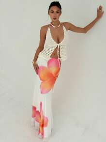 Aloruh 优雅粉色花卉印花网眼浪漫海滩假日派对超长美人鱼裙，百搭春夏季 - 粉色 - 查看 2