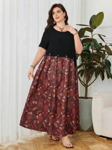 SHEIN Lacomfia Plus Size Women's Casual Printed Patchwork Solid Short Sleeve Loose Fit Arabic Style Dress, Spring/Summer - Multicolor - View 3