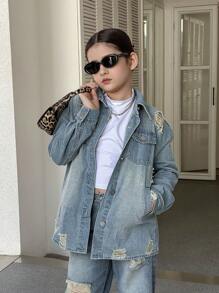SHEIN Fashion Heavy Wash Light Blue Distressed Holey Street Style Tween Girl Denim Jacket Outerwear