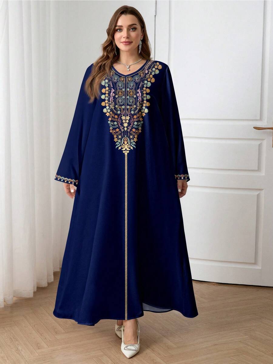 Al Najma 大码女式休闲简约全印花阿巴雅连衣裙，端庄