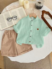 SHEIN Bộ quần áo và quần short thoải mái thoáng khí cho bé trai LMoss Kids - Màu xanh Bạc hà - Xem 1