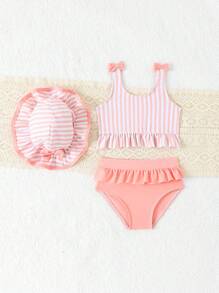Baby Girl Printed And Solid Color Tankini Swimsuit With Ruffle Skirt & Hat, Cute