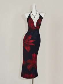 SHEIN ICON Elegant Sexy Floral Print Deep V Neck Backless Dress - Multicolor - View 5