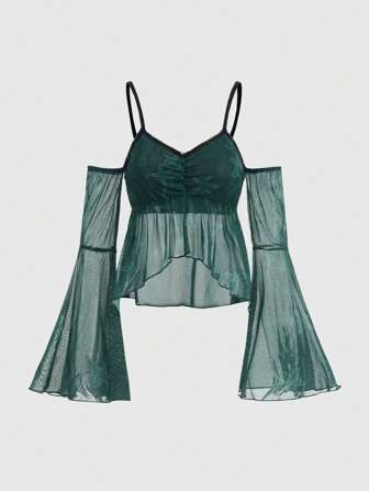 Fairycore Damen Top mit Off-Shoulder, Sternfisch-Netzstoff, asymmetrischem Saum und weiten Ärmeln