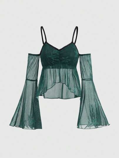 Fairycore Top con spalle scoperte, in tessuto a rete con decorazione a stelle marine, orlo asimmetrico e maniche a sbuffo