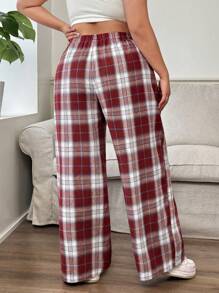 SHEIN EZwear 大码女式格子裤，黑白格子松紧腰口袋阔腿休闲宽松裤，女士冬装 - 紅色 - 查看 2