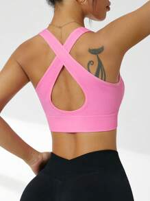 Easithlete Solid Deep V-Neck Seamless Crisscross Open Back Sports Bra - Pink - View 7
