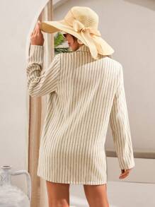 SHEIN Cottnline Beige Striped Linen Co-Ord Set With Oversized Blazer And High-Waisted Shorts - White - View 2