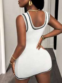 BamGleam Damen Minimalistische Mode Sommer Strick Bodycon Minikleid - Weiss - Übersicht 2