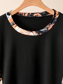 Lacomfia 2pcs Plus Size Colorblock Print Asymmetrical Top And Pants Set