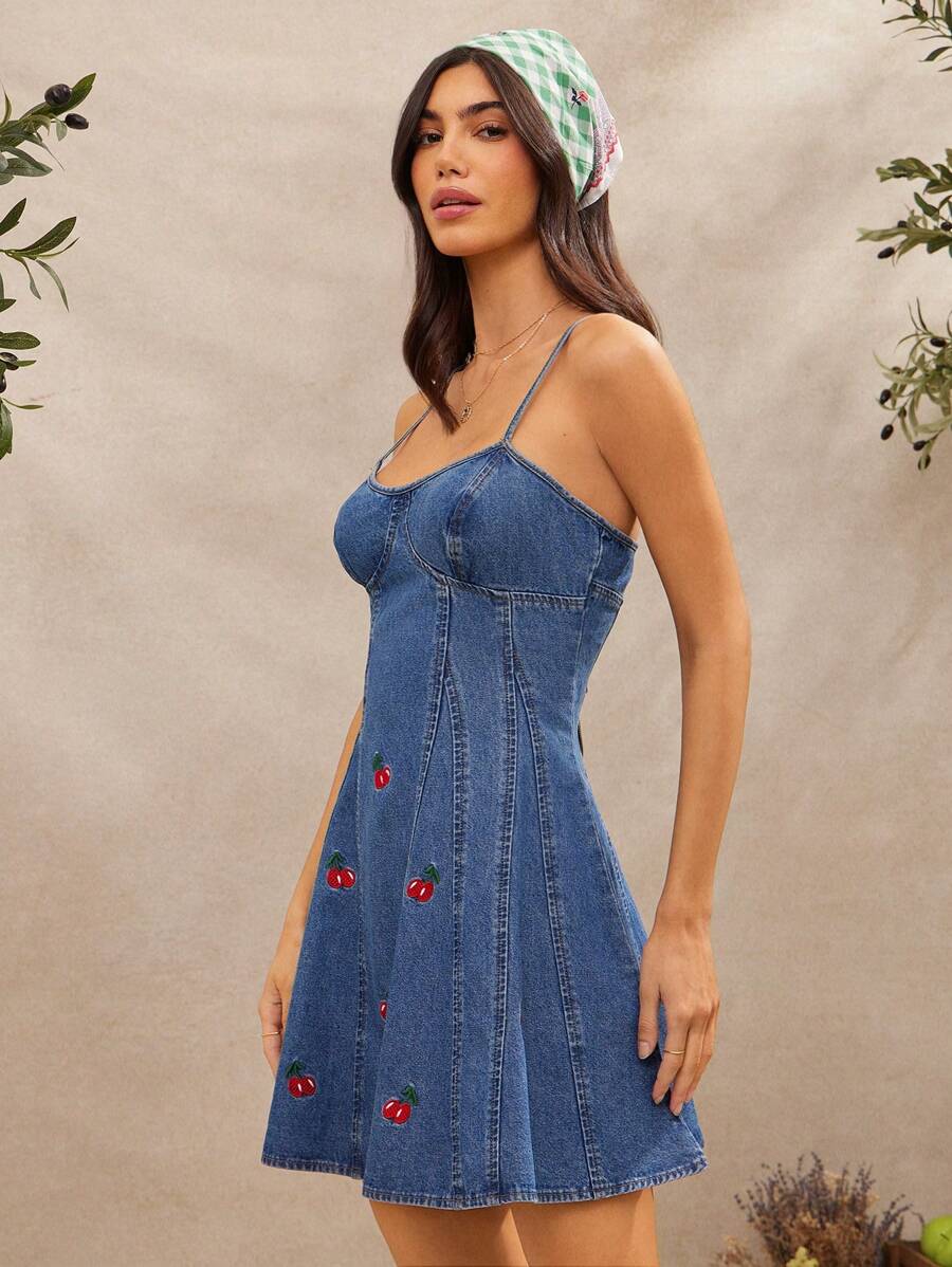 WESTFADE Summer Cherries Embroidered Mini Western Cowgirl Denim Sleeveless Dress, Spring Break Beach Vacation Outfit - Dark Wash - View 1
