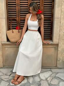 Pariaura Elastic Waist High Waist Solid Color Skater Skirt, Versatile & Slimming A-Line Skirt Fall Cloth For Women