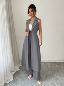 Elenzga 2pcs Elegant Commuting Sleeveless Long Lapel Waist Gathered A-Line Jacket And Pants Set - Light Grey - View 5