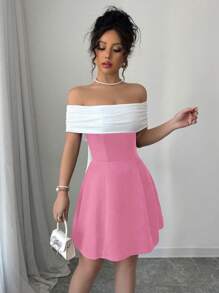 Elenzga Elegant Sleeveless Black & White Contrast Bowknot Back Design Waist Cinched A-Line Dress, Daily Commute Wear For Spring And Summer