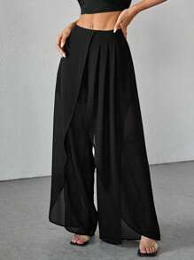 SHEIN PETITE 女士纯色雪纺宽腿宽松阔腿裤