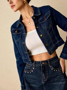 Poéselle 休閒口袋 前紐扣純色女士牛仔夾克 & 外套 - 中等水洗藍 - 查看 6