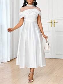 SHEIN Lady Vestido de satén blanco midi, de novia, elegante y para fiestas, con panel cuello perla y malla lentejuelada, apropiado para las cuatro estaciones