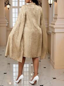 Fleurora 秋冬优雅聚会派对演唱会/音乐节酒会金色针织圆领圆领斗篷袖大码连衣裙 - 金色 - 查看 7