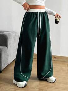 Flirla Plus Size Vintage Color Blocking Drawstring Waist Loose Casual Pants Fall Cloth For Women - Dark Green - View 1