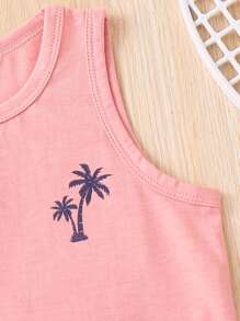 SHEIN 2pcs/Set Young Boy Palm Tree Graphic Round Neck Tank Top And Tropical Plant Print Shorts