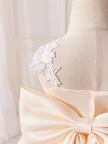 SHEIN Glamorique Kids Vestido de túle y satén para niñas pequeñas para bodas y fiestas, vestido de princesa con volantes de encaje, grandes lazos y decoración, atuendo para niña de las flores/cumpleaños/sesión fotográfica - Albaricoque - Ver 8