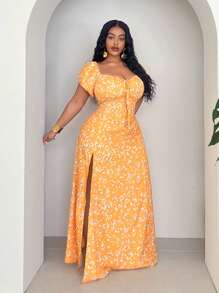 Slaydiva 大码女式浪漫度假优雅黄色碎花露肩 A 字长裙 - 黃色 - 查看 6