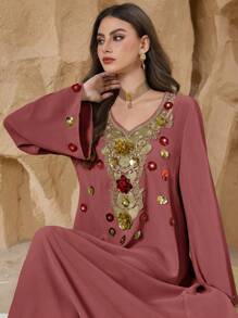 Al Najma 女士 V 领套头衫优雅花卉长袍传统长裙，春夏 - 粉色 - 查看 1