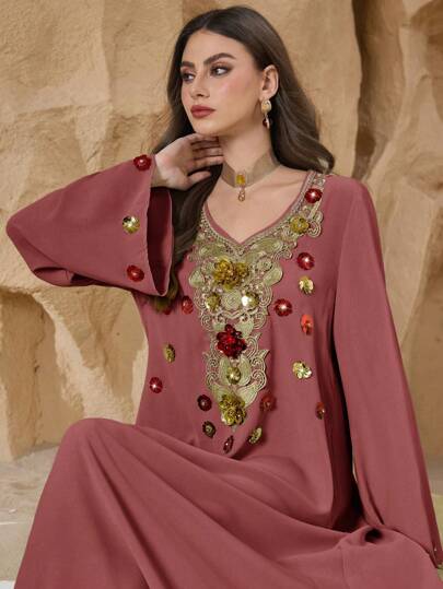 Al Najma 女士 V 领套头衫优雅花卉长袍传统长裙，春夏