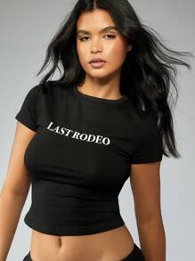 MISSGUIDED Last Mood 短款 T 恤基本款都市街头风格个性文字印花短袖棉混纺休闲运动家居服周末必备 - 黑色 - 查看 3