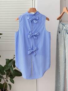 Franclia 女士休闲度假蓝白条纹蝴蝶结不对称下摆衬衫