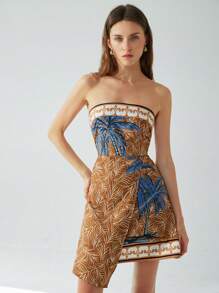 Aveloria Modichic Elegant Vacation Coconut Tree Print Bustier Faux Wrap Style Cinched Waist Women Short Dress
