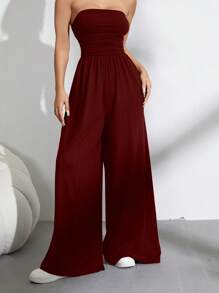 SHEIN Unity Women's Solid Color Casual Gathered Bandeau Wide Leg Jumpsuit - Burgundy - View 4