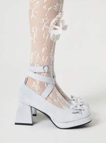 ROMWE Kawaii 女式哥特朋克包头玛丽珍鞋，带绑带、蝴蝶结、粗跟、正装高跟鞋 - 米色 - 查看 4