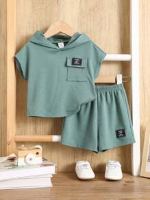 SHEIN 2 件装男婴夏季可爱休闲运动连帽衫上衣和短裤套装 - 彩色 - 查看 8
