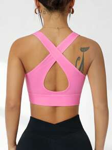 Easithlete Solid Deep V-Neck Seamless Crisscross Open Back Sports Bra - Pink - View 4