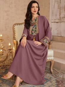 Al Najma Women's Spring/Summer 3D Floral Pattern Tunic Dress & Traditional Long Dress, Modest Kaftan - Red Violet - View 3