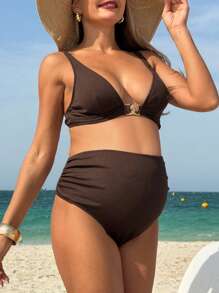 SHEIN Maternity Beach Vacation Elegant Ribbed Wireless Bikini Set For Summer - Brown - View 3