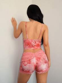 SHEIN ICON 2 件套玫瑰花卉印花蕾丝拼布 - 粉色 - 查看 2