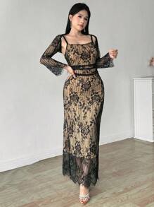 Modelyn Women Floral Lace Camisole Top And Spaghetti Strap Dress Elegant 2 Pieces Set - Black - View 6