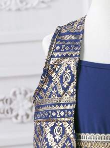 2pcs/Set Young Girl Foil Floral Print Sleeveless Jacket And Dress Set - Royal Blue - View 4