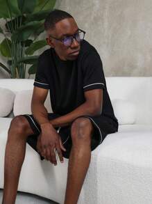 SUMWON 奢华运动休闲针织家居服套装，滚边撞色细节，夏季睡衣，家居服 - 黑色 - 查看 7