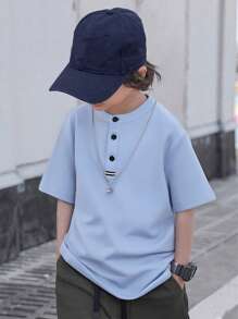 SHEIN Kemeja Polo Anak Laki-laki Tombol Depan Plain Casual - Baby Blue - View 6