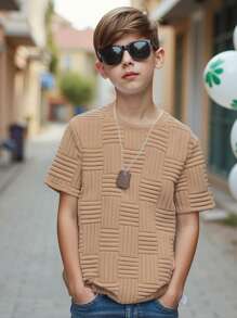 SHEIN Tween Boy Plain Textured T-Shirt, Casual & Versatile Style Suitable For Summer Everyday Wear - Khaki - View 6