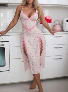 CottageSlumber 2 chiếc/bộ váy cưới ren in hoa lãng mạn lưới chèn xẻ gợi cảm - Hồng - Xem 5