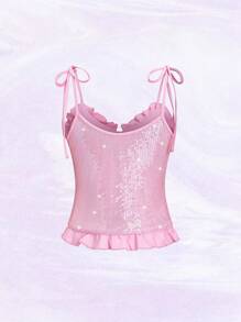 SHEIN Unity Top corto sexy con tirantes finos, volantes y parches con lentejuelas - Rosa - Ver 2