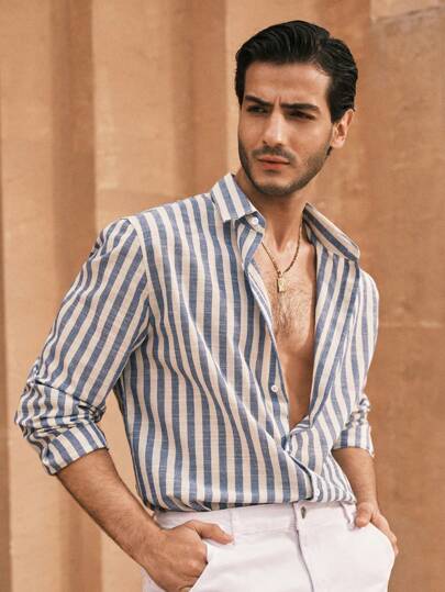 HIMLAND Camisa casual de manga larga con rayas verticales de ajuste holgado para hombres, otoño, dinero viejo, cosas de pareja