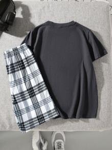 SHEIN Tween Boys' Leisure Round Neck Short Sleeve T-Shirt With Slogan Print And Plaid Shorts Homewear Set - Grey - View 2